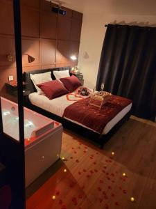 - une chambre avec un grand lit et des oreillers rouges dans l'établissement Nuit d'évasion love room avec baignoire balnéothérapie, à Toulon