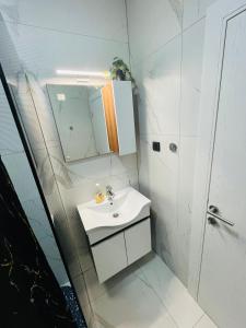 Luxury Centar في أراندجيلوفاك: حمام أبيض مع حوض ومرآة