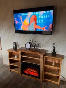 a flat screen tv above a fireplace in a living room at Serenity Colibița in Colibiţa