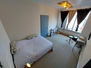 - une chambre avec un lit dans une pièce dotée de fenêtres dans l'établissement Loft Partagé Agréable et spacieux, à Aire-sur-lʼAdour