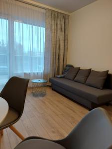 a living room with a couch and a large window at 2 kambarių butas ramioje vietoje in Palanga