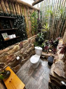La salle de bains est pourvue de toilettes et de plantes. dans l'établissement Parador La Mesa Redonda Hotel y Glamping, à Los Santos
