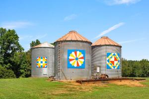 two grain silos with colorful paintings on them in a field at Three Silos Farm -Chatt Hills (NEW & Pet Friendly) in Chattahoochee Hills