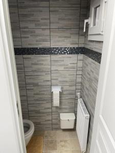 a bathroom with a toilet and a tiled wall at Maison plain pied a Dieppe in Dieppe +30 photos