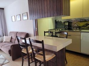 cocina con mesa, sillas y sofá en Palousa (150 Ro), en Valbella