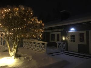 a house with a christmas tree with lights on it at Aurora Center 3 in Rovaniemi