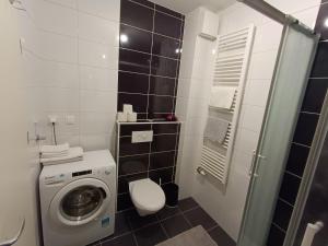 a bathroom with a washing machine and a toilet at Apartman Tino in Zagreb