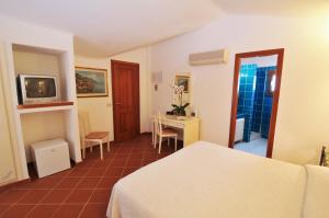 a room with a bed and a table and a television at Hotel Il Piccolo Golf in Porto Cervo