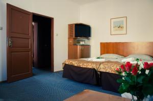 a hotel room with a bed and a television at ''Zatoka" in Bydgoszcz