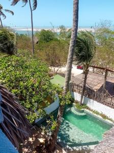 a swimming pool next to a beach with a palm tree at DuMangue Kite House in Guriú