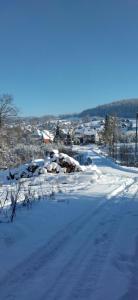 eine schneebedeckte Straße mit Häusern im Hintergrund in der Unterkunft Nad Cicha in Ujsoły