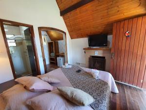 um quarto com uma cama com almofadas e uma lareira em Recanto das Hortencias Hotel em Monte Verde