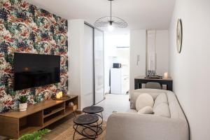 sala de estar con sofá y TV en la pared en L'Escapade-Hypercentre-parking privé-refait à neuf, en Châteauroux
