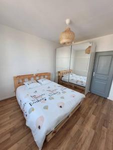 1 dormitorio con 1 cama grande y espejo en Appartement F3 de 60M² à 20 minutes de Paris., en Yerres