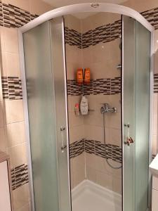 a shower with a glass door in a bathroom at Rooms Gollner in Zagreb +10 photos