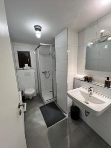 y baño con lavabo, ducha y aseo. en Gemütliche Ferienwohnung in Stadtnähe, en Oldenburg