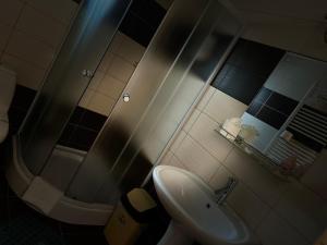 a bathroom with a sink and a shower at Casa Lupascu in Vatra Dornei