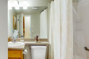 ein Badezimmer mit einem WC, einem Waschbecken und einem Spiegel in der Unterkunft Stagecoach Ski Condo in Stateline