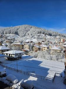 een stad bedekt met sneeuw met een berg op de achtergrond bij Guest House Karov - 2 Stars in Chepelare