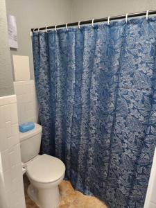 a bathroom with a toilet and a blue shower curtain at Blue Shark *E4* @ Midtown Comfortable 1BR King Apartment in Houston