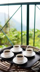 four cups of coffee on a tray on a table at Rain Clouds Wayanad Forest Retreat - The Best Couple Friendly Private Cottages with Bathtub in Wayanad
