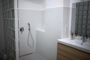 baño blanco con ducha y lavamanos en Útulný byt v centru města, en Litomyšl