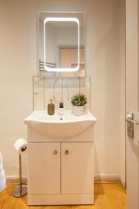 La salle de bains est pourvue d'un lavabo blanc et d'un miroir. dans l'établissement Harbour Living, à Dartmouth