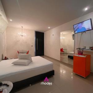 a bedroom with a bed with a tv on the wall at Rhodes Hotel Caruaru in Caruaru