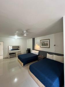 um quarto de hotel com duas camas e uma televisão em BED BED HOTEL CORREGIDORA em Torreón