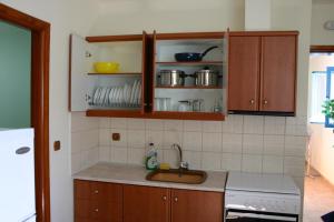 バティにあるPorto Ageranos Apartmentのキッチン(木製キャビネット、シンク、棚の上の食器付)