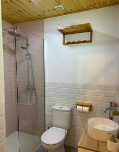 a bathroom with a toilet and a shower and a sink at Apartamentos El Búho in Belmonte