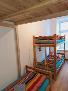 two bunk beds in a room with a wooden ceiling at Relax Rooms & Apartments Vienna Belvedere 10 minutes to downtown in Vienna