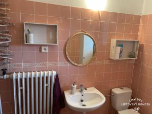 a bathroom with a sink and a mirror and a radiator at Chalupa Liptovský domček in Liptovský Mikuláš