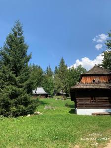 Chalupa Liptovský domček في ليبتوفسكي ميكولاش: كوخ خشبي في حقل بجانب شجرة