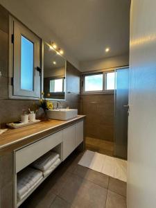 uma casa de banho com um lavatório, um espelho e um chuveiro em Villamagna, casa en Potrerillos em Potrerillos