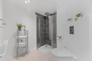 La salle de bains blanche est pourvue d'une douche et de toilettes. dans l'établissement FEEL HOME Apartments, à Schönaich
