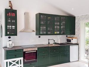 een keuken met groene kasten en een wastafel bij Holiday home STRÖMSTAD III in Lommeland