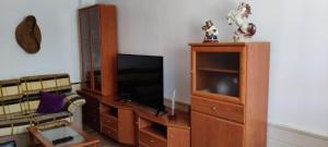 sala de estar con TV y centro de entretenimiento en Casa El Rostro, en Aldeadávila de la Ribera
