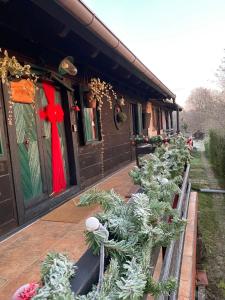 eine Reihe von Weihnachtsbäumen an der Seite eines Hauses in der Unterkunft M&M Kuća za odmor in Vrbovec