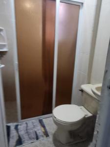 a bathroom with a toilet and a sliding shower door at Visita Pachuca junto a familia , 2 Recamaras 1- cama ks , Recamara 2 -1 Cama KS , baño privado , 1 Comedor (Refrigerador, desayunador, estufa ) in Pachuca de Soto