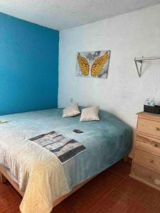 a bedroom with a bed with a blue wall at Visita Pachuca junto a familia , 2 Recamaras 1- cama ks , Recamara 2 -1 Cama KS , baño privado , 1 Comedor (Refrigerador, desayunador, estufa ) in Pachuca de Soto