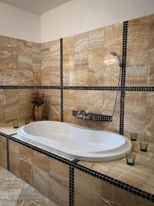 a large tub in a bathroom with tiles at Hotel Lony in Mochov