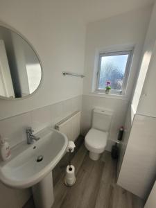 a white bathroom with a toilet and a sink at Golden Valley View in Codnor