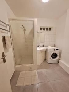 y baño con ducha y lavadora. en Very beautiful apartment right in the center, en Versalles