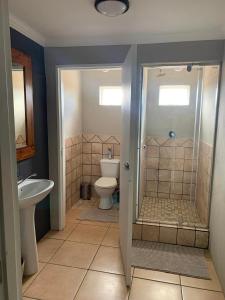 ein Bad mit einer Dusche, einem WC und einem Waschbecken in der Unterkunft Namgate Guesthouse in Grünau