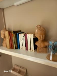 a shelf with books and a statue on it at La rivierette in Doingt