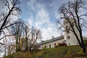 un edificio in cima a una collina con alberi di Urso Apartament Premium a Przemyśl