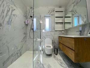 ein Badezimmer mit Toilette und Glasdusche in der Unterkunft Bella Vie, rust en ontspanning in Haacht
