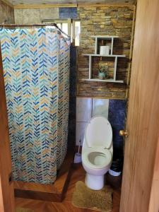 a small bathroom with a toilet in a room at Cabaña tongarikii in Hanga Roa