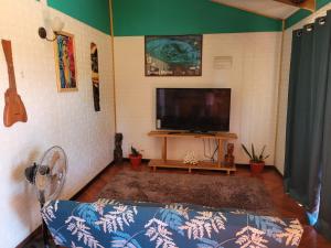 ein Wohnzimmer mit einem Flachbild-TV und einem Sofa in der Unterkunft Cabaña tongarikii in Hanga Roa